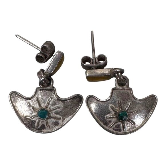 Vintage Sterling Silver 950 Mexican Artisan Earrings Turquoise Sun Starburst - Picture 6 of 8
